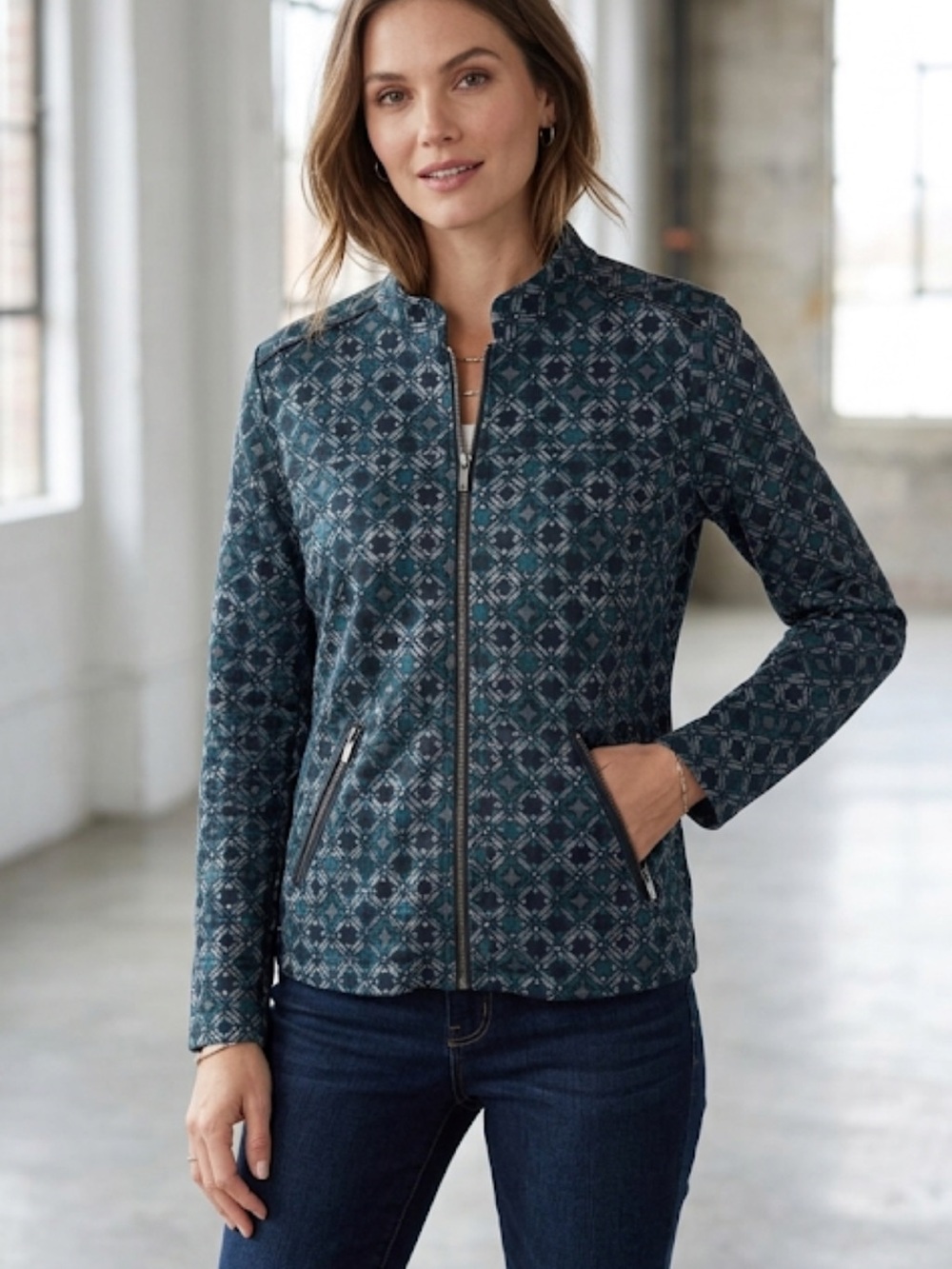 Christopher & Banks Green Patterned Zip Front Relaxed Bomber Jacket Size M